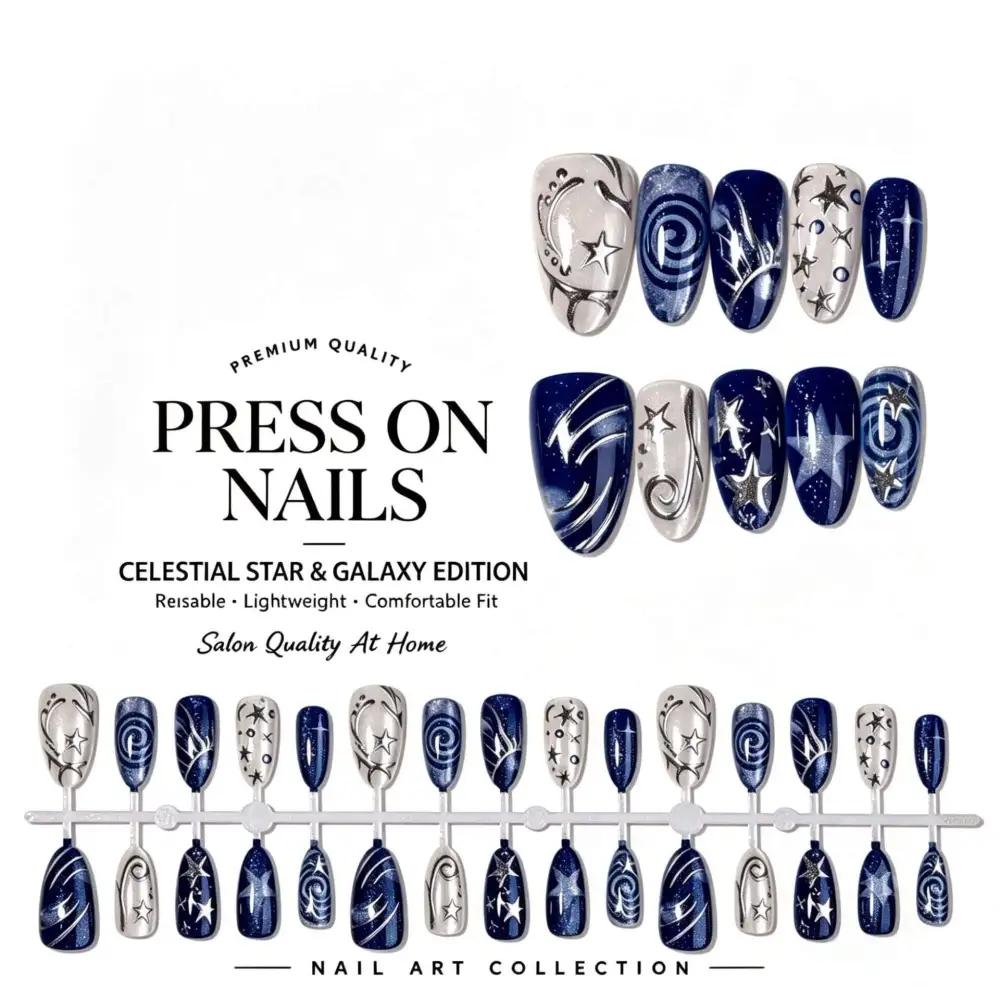 Nailhour 30Pcs Black Chrome Medium Almond Press On Nails