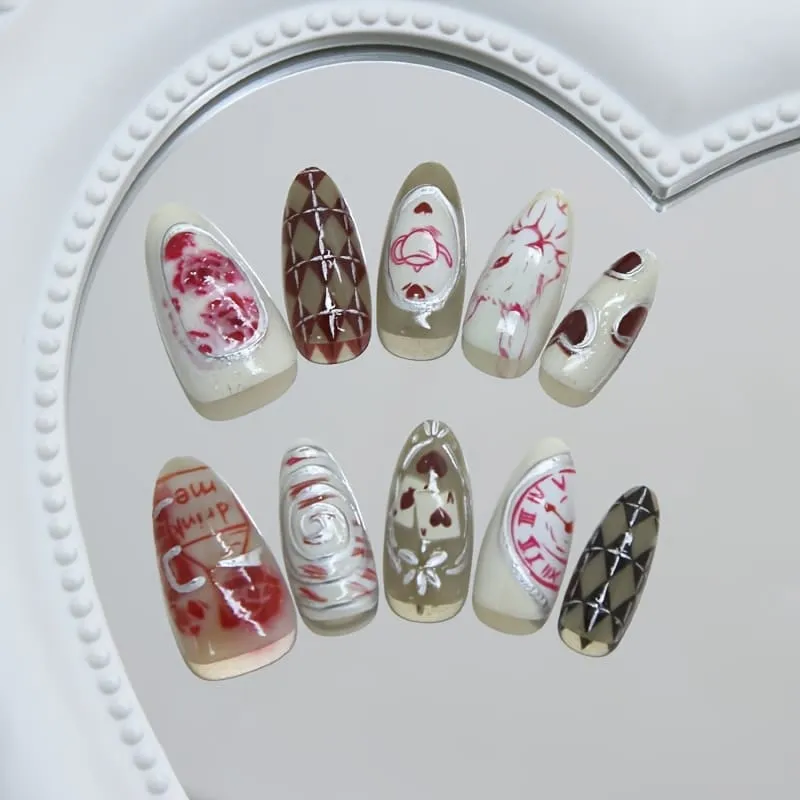 Nailhour 10Pcs Vintage Y2K Medium Almond Press On Nails