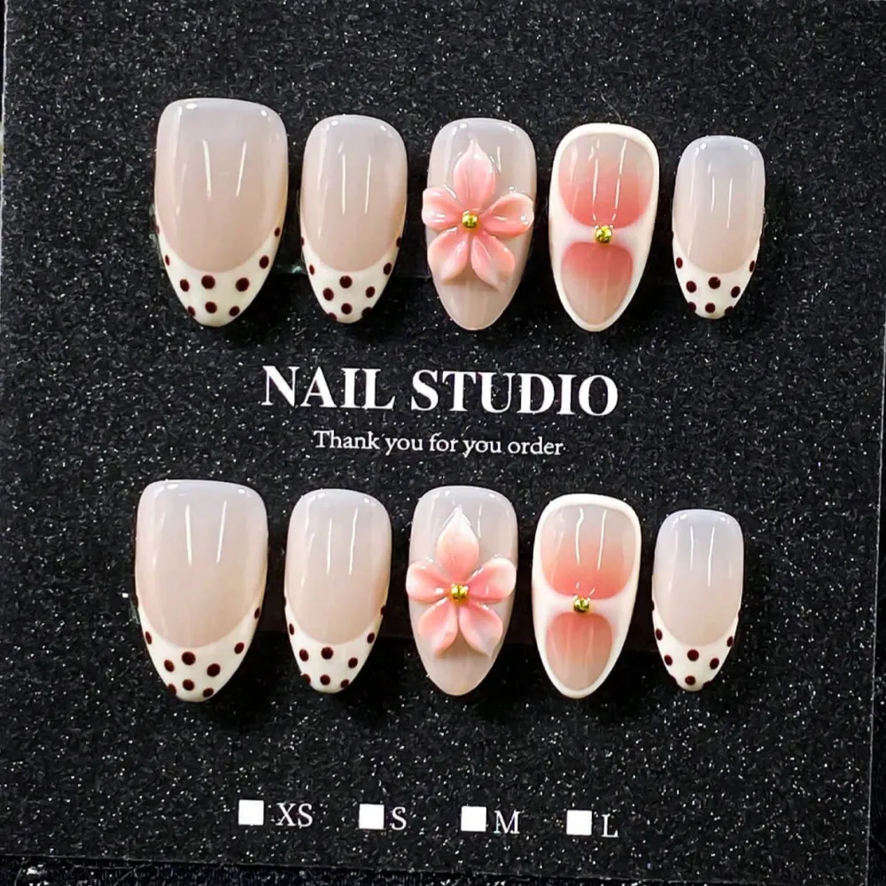 Nailhour 24Pcs French Medium Almond 3D Rhinestone Press On Nails