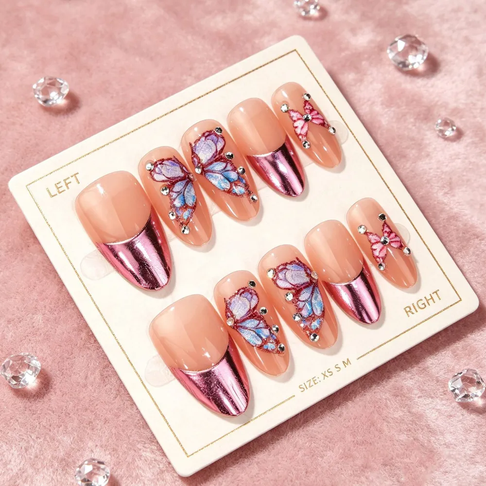 Nailhour 30Pcs French Butterfly 3D Medium Almond Press On Nails