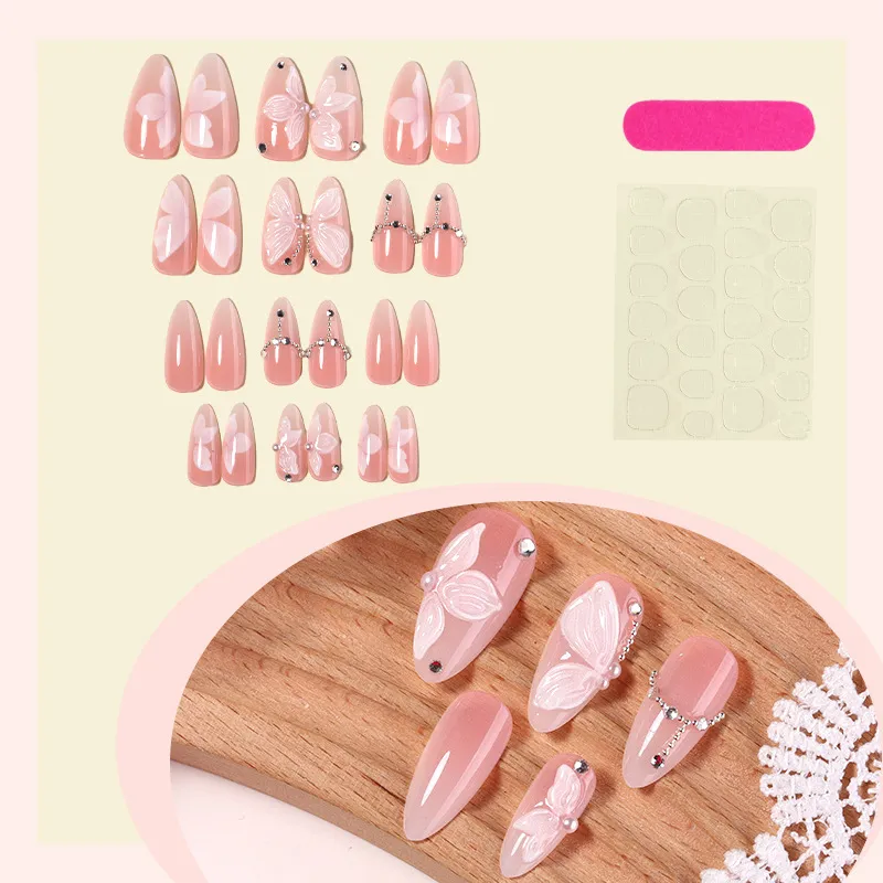 Nailhour 24Pcs Nude 3D Butterfly Medium Almond Press On Nails