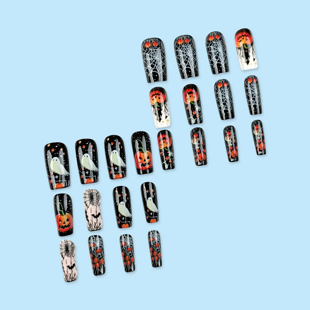 Nailhour Pumpkin Lantern Ghost Black Square Halloween 24Pcs Press On Nails