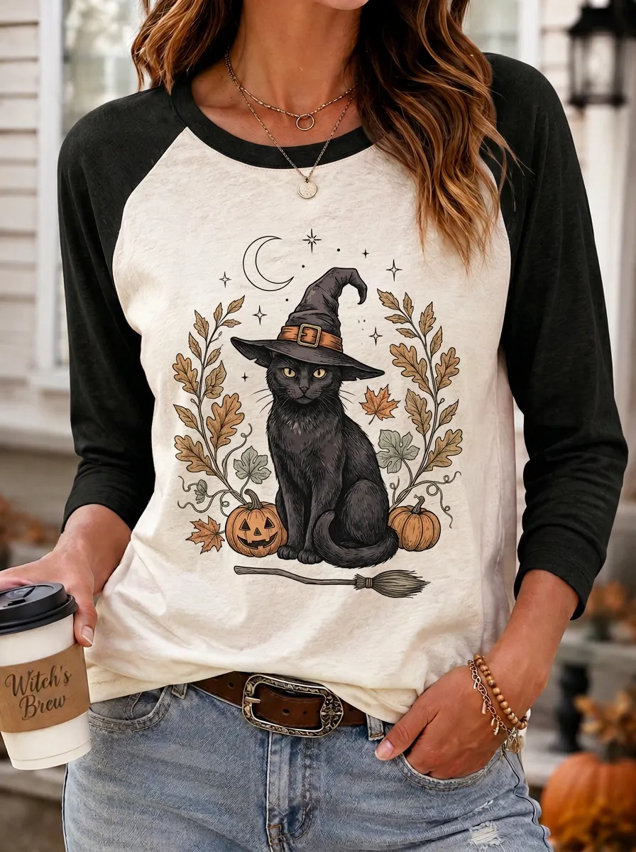 Women's Halloween Cat Witch Pumpkin Printed Raglan T-shirt