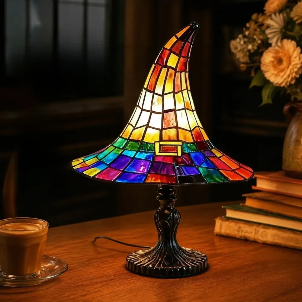Halloween Witch Hat Lamps Resin Decorative USB Plug Light Ornament（11*8*18cm）