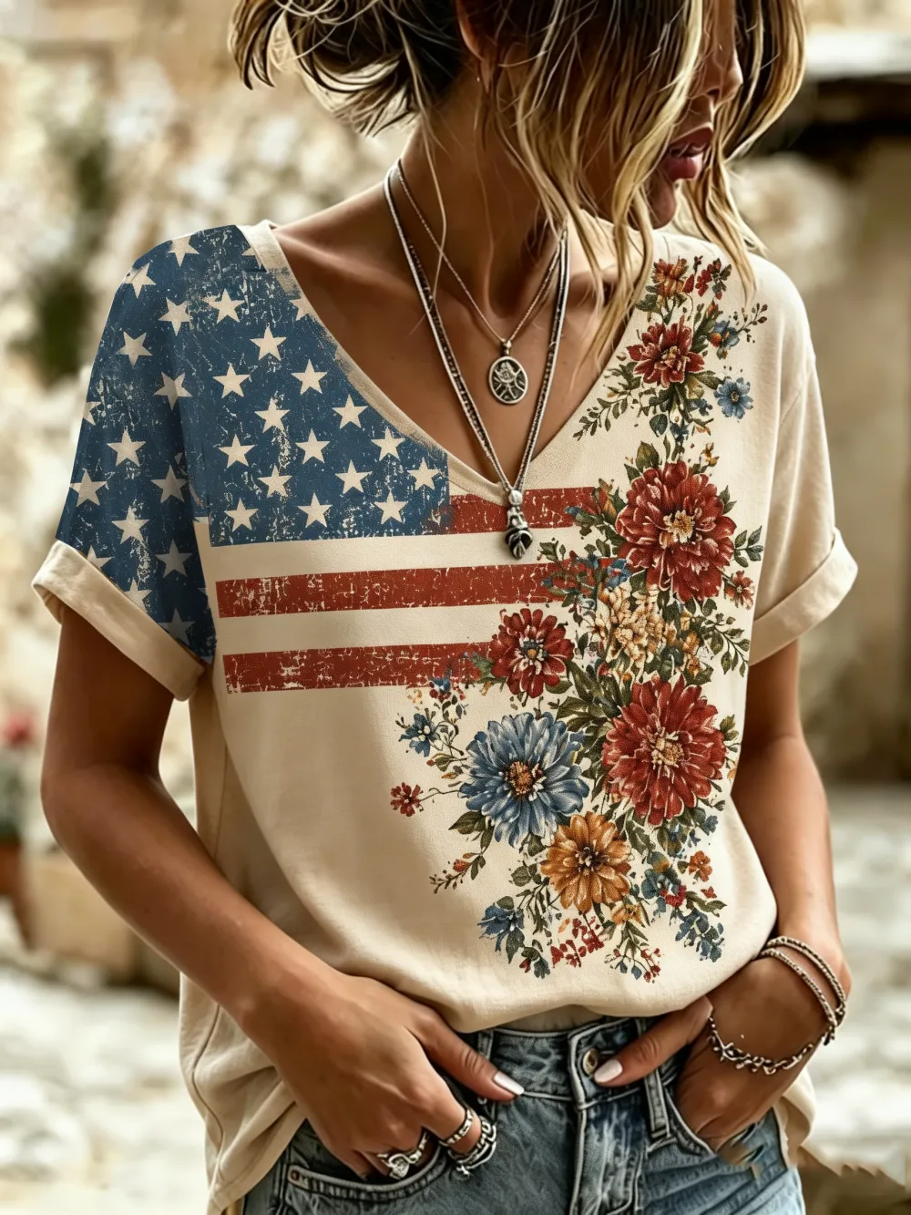Women's Casual Retro Patriotic T-shirt