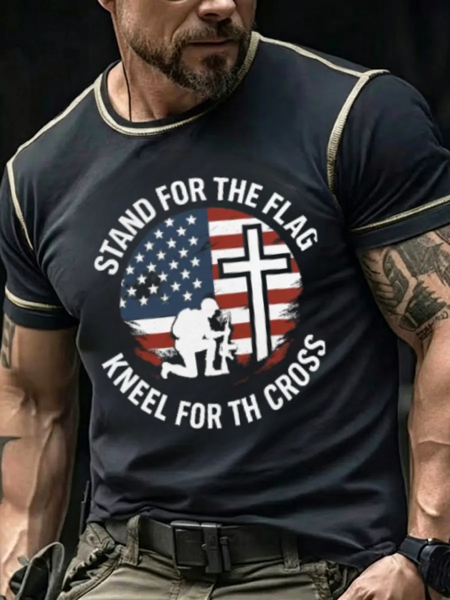 Men's America's 250th Anniversary Stand For The Flag Kneel For The Cross Faith Christian Cross Print T-Shirt