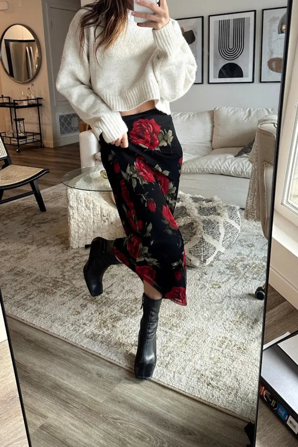 Red Rose Mesh Maxi Skirt