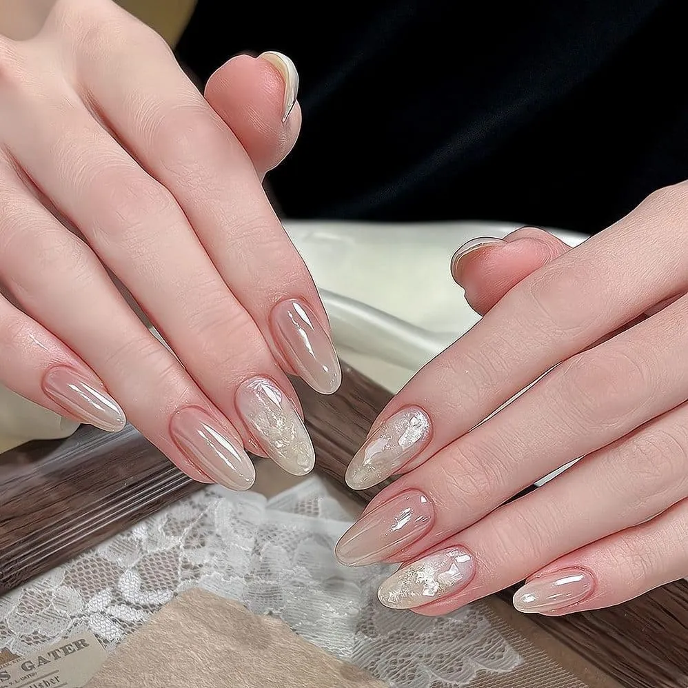 Nailhour 10Pcs Glitter French Minimalist Nude Date Medium Squoval Press On Nails