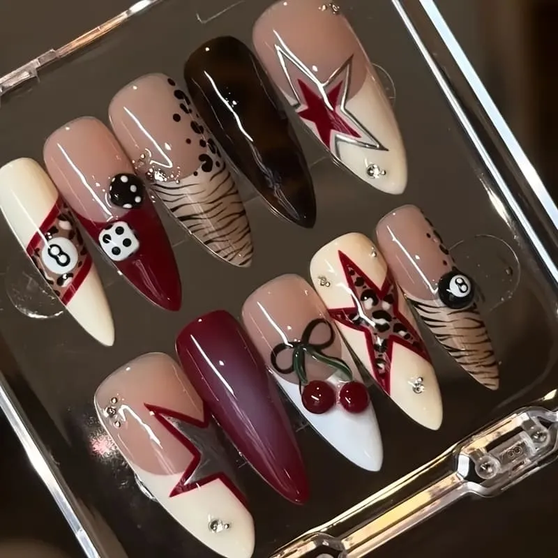 Nailhour 10Pcs 3D Handmade Daily Long Almond Press On Nails