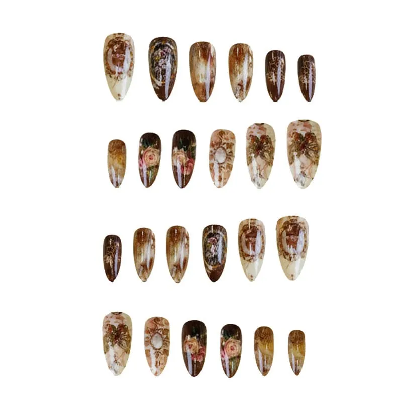 Nailhour 24Pcs Amber Rose Medium Almond French Press On Nails