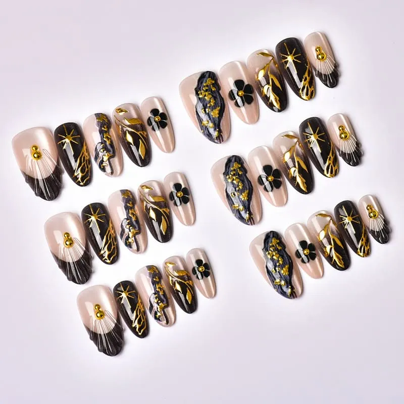 Nailhour 30Pcs Floral 3D Gilded Medium Almond Cat Eye French Press On Nails