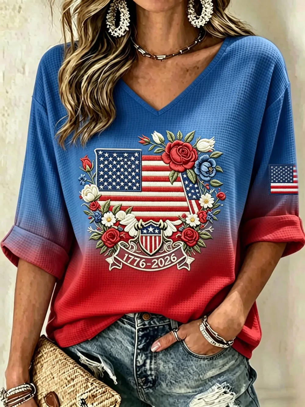 Ladies' Retro Casual American Independence Day 250Th Anniversary Celebration Printed V-Neck Top