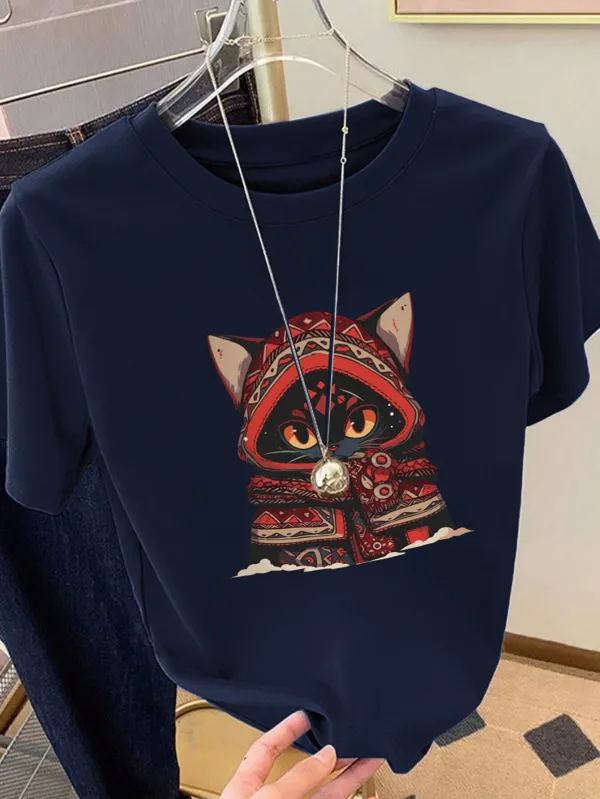 Cat in Hoodie Graphic T-Shirt