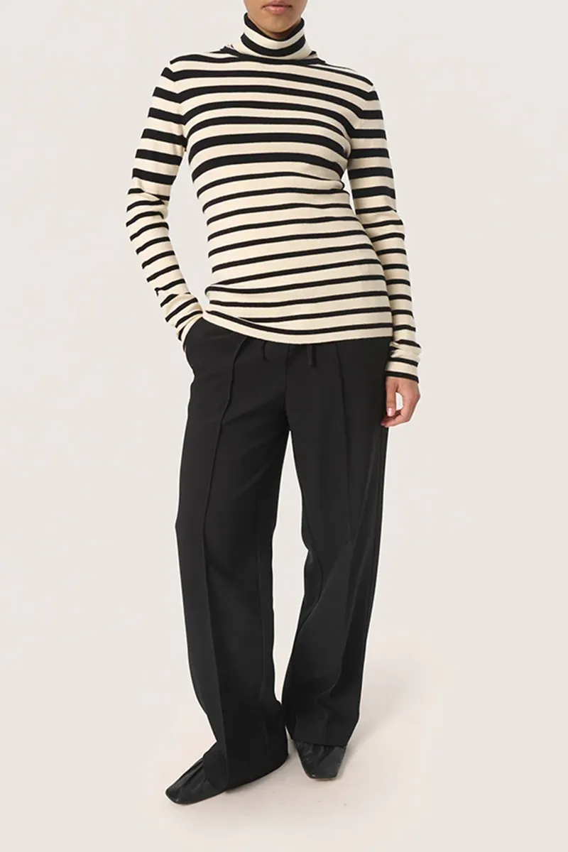 High Neck Striped Long Sleeve Fitted Tops
