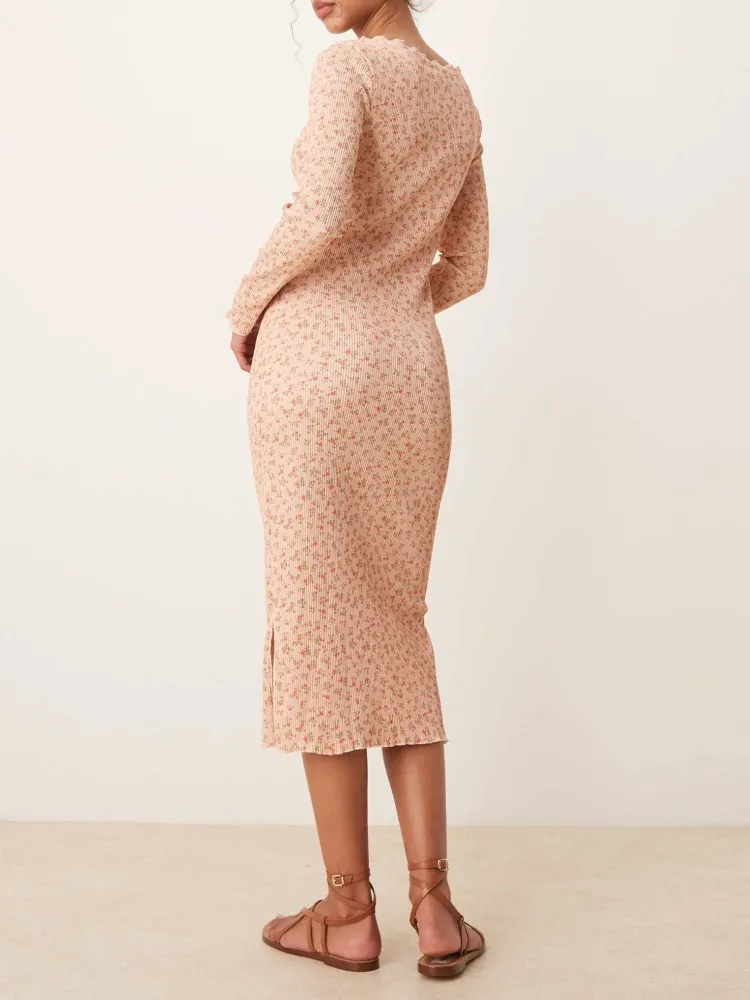 Ribbed Floral Long Sleeve Dress