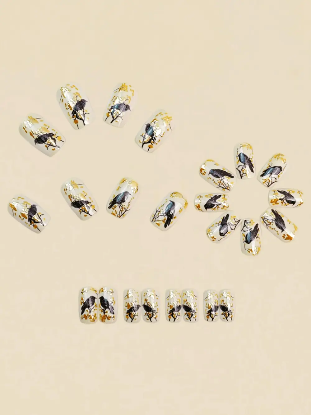 Nailhour 24Pcs Medium Square Gold-Plated Magpie Press On Nails