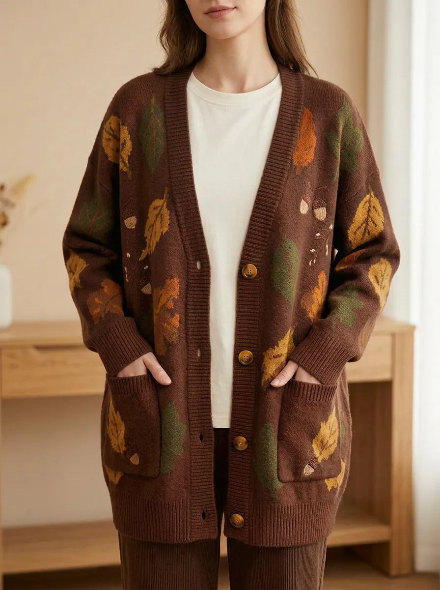 Leaves Acorn Patterned Women's Knit Cardigan