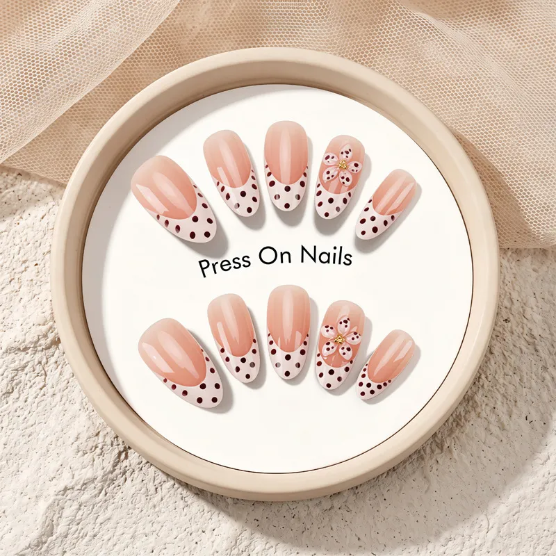 Nailhour 30Pcs Nude 3D Vintage Medium Almond Press On Nails