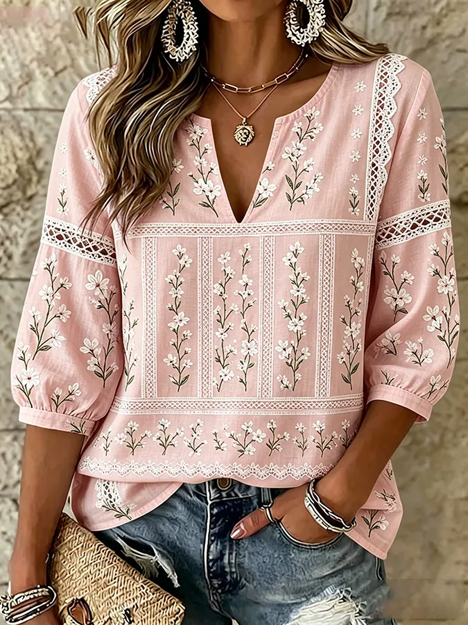 Women'S Cotton And Linen Printed Casual Top