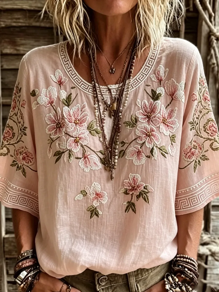 Women'S Floral Print Round Neck Short Sleeved T-Shirt