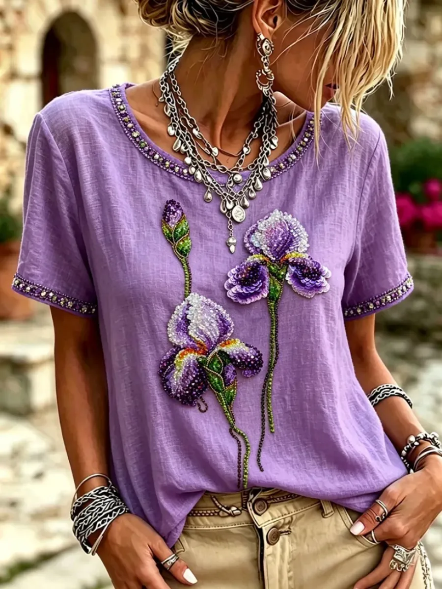 Women's Purple Floral Art Short Sleeve Linen Shirt