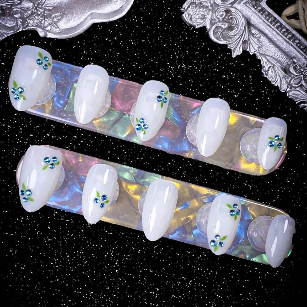 Nailhour 10Pcs Handmade Icy Light Blue Medium Almond 3D Diamond Flower Press On Nails
