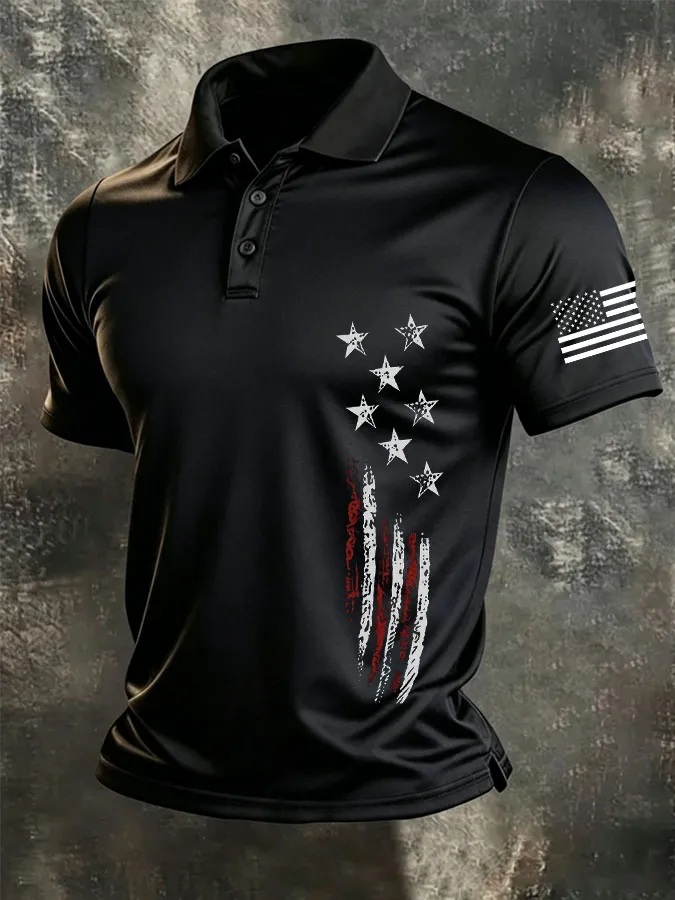 Men'S American Flag Print Casual Polo Shirt