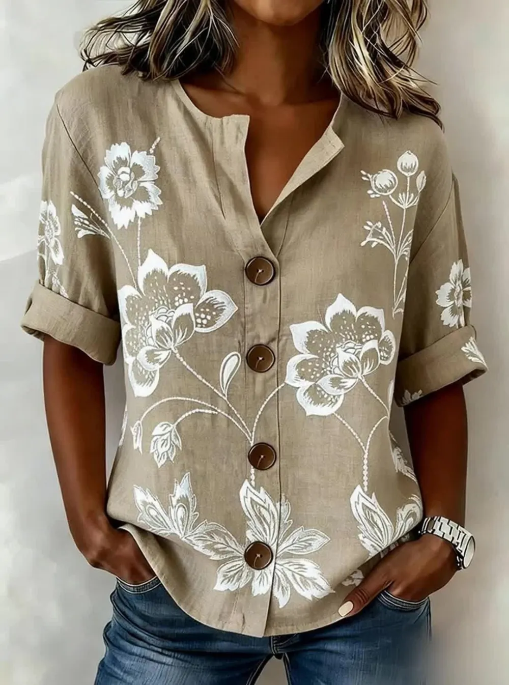 Women's Casual Short-Sleeve Cotton-Linen Top