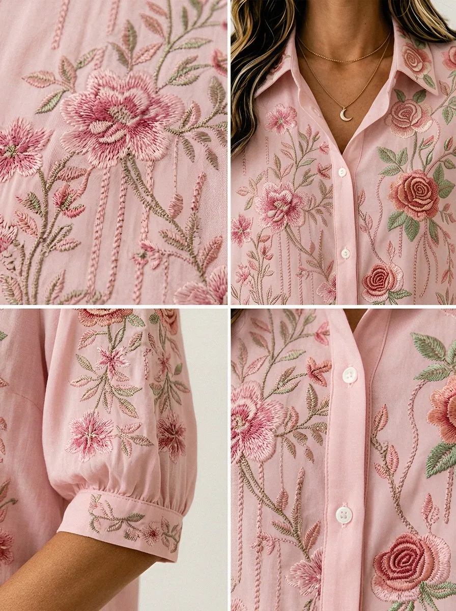 Women's Breast Cancer Awareness Pink Rose Floral Embroidered Printed Shirt