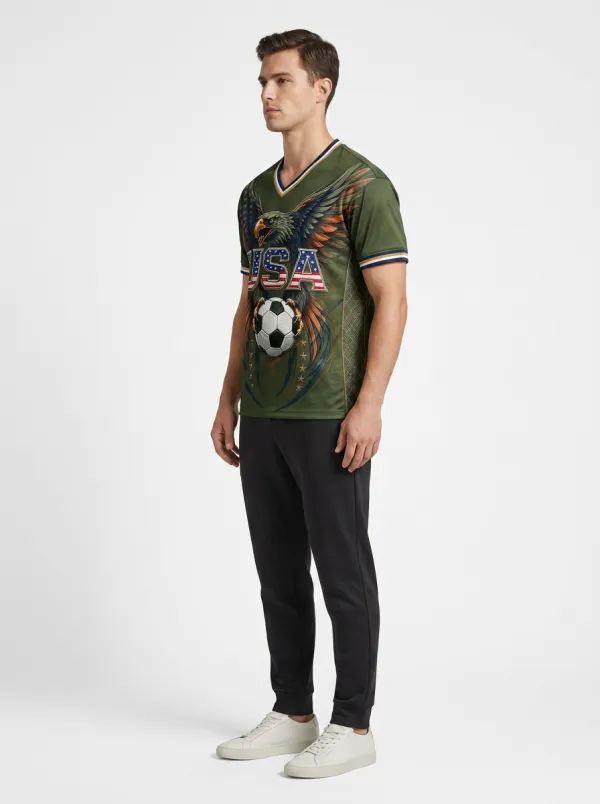 Men's USA Soccer Eagle Flag Printed V-Neck T-shirt