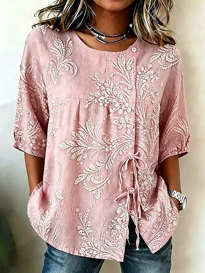 Women's casual floral cotton linen short sleeved shirt