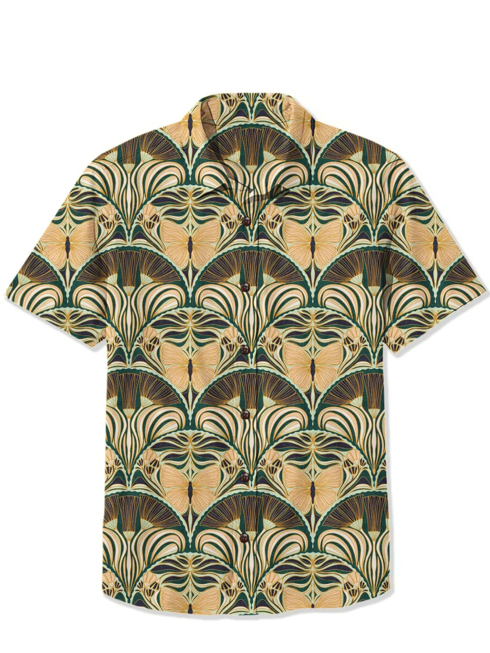 Gatsby Fan Glamour Symmetrical Deco With Ornate Butterfly Dark Green Large - 100% Cotton Shirt