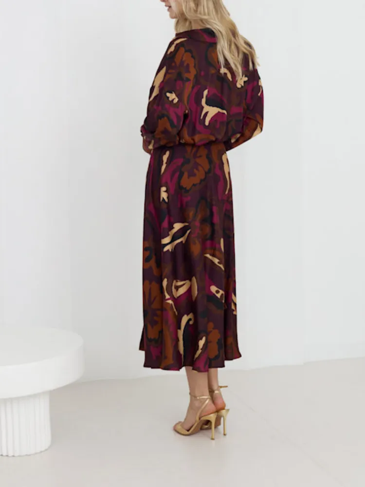 Casual Printed Half Button Midi Dress
