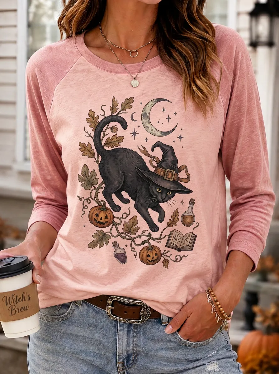 Women's Halloween Witch Cat Pumpkin Moon Printed Raglan T-shirt