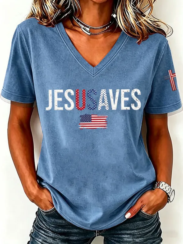 Women'S America Flag  Print Casual V-Neck T-Shirt