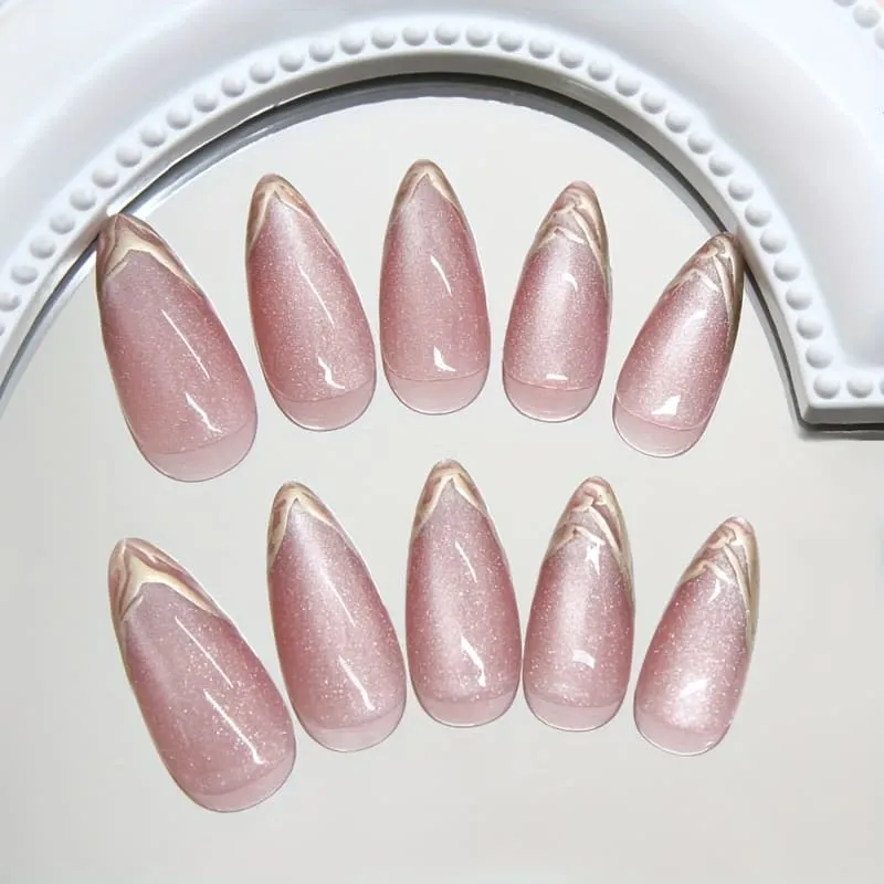 Nailhour 24Pcs Nude 3D Gilded French Medium Almond Press On Nails