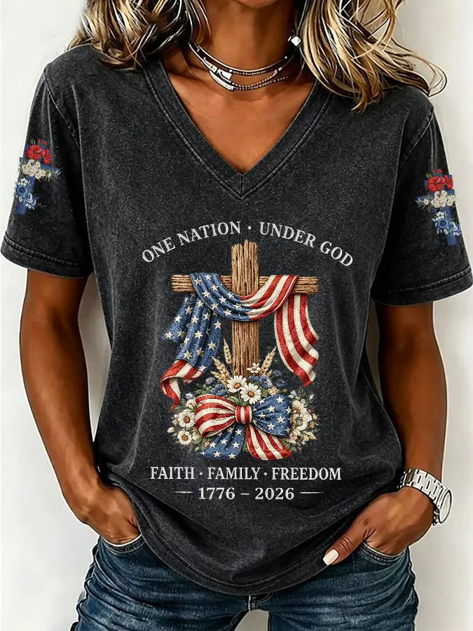 Women'S America Flag Floral Print Casual V-Neck T-Shirt