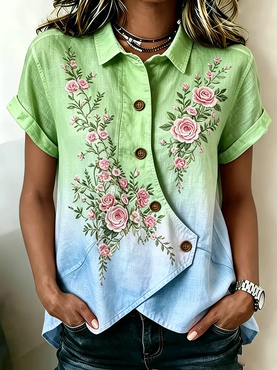 Women's Retro Rose Casual Gradient Cotton Linen Blend Shirt