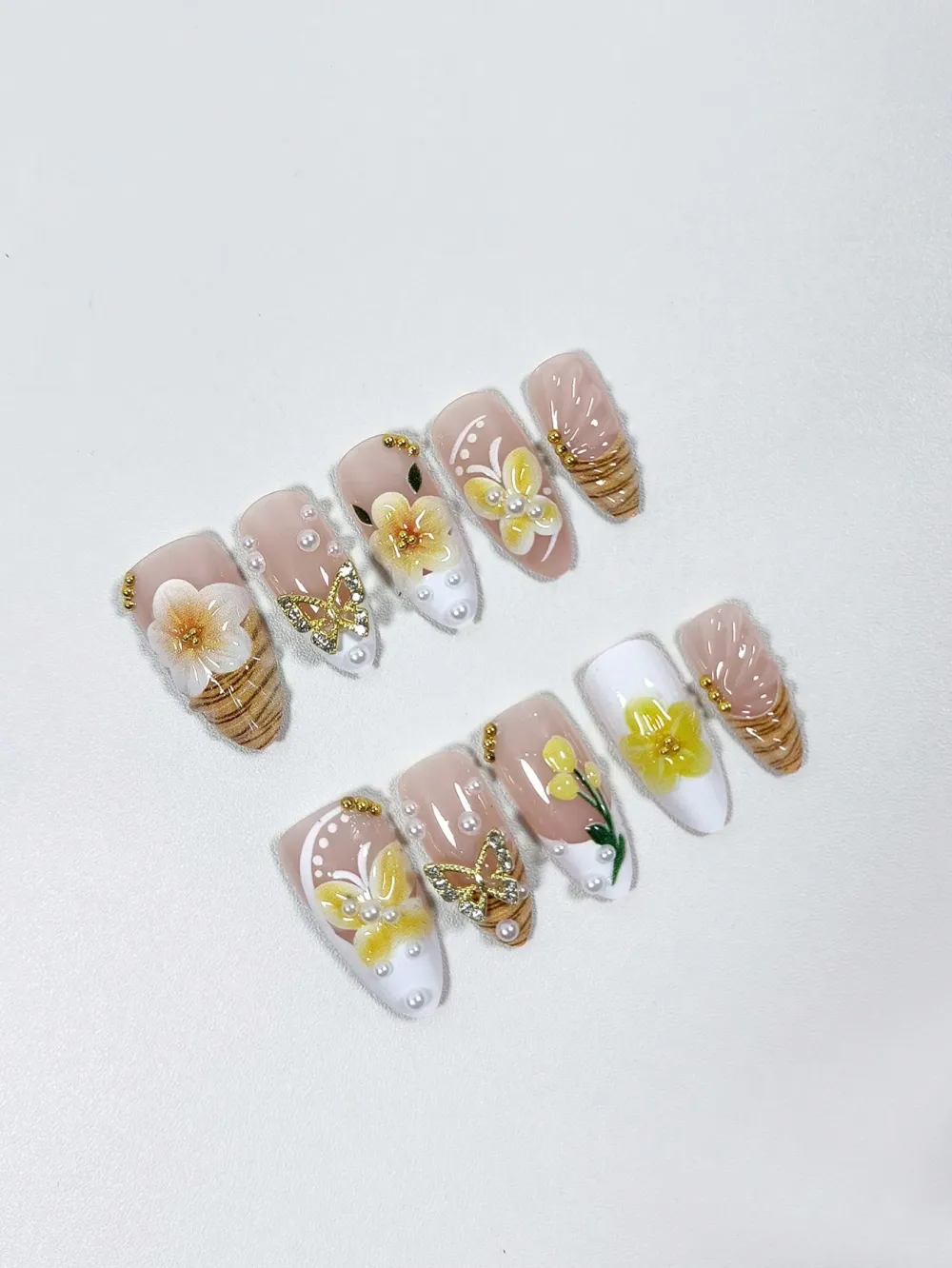 Nailhour 3D Resin Yellow Flower Petal, Butterfly, Wave French Faux Pearl 24Pcs Press On Nails