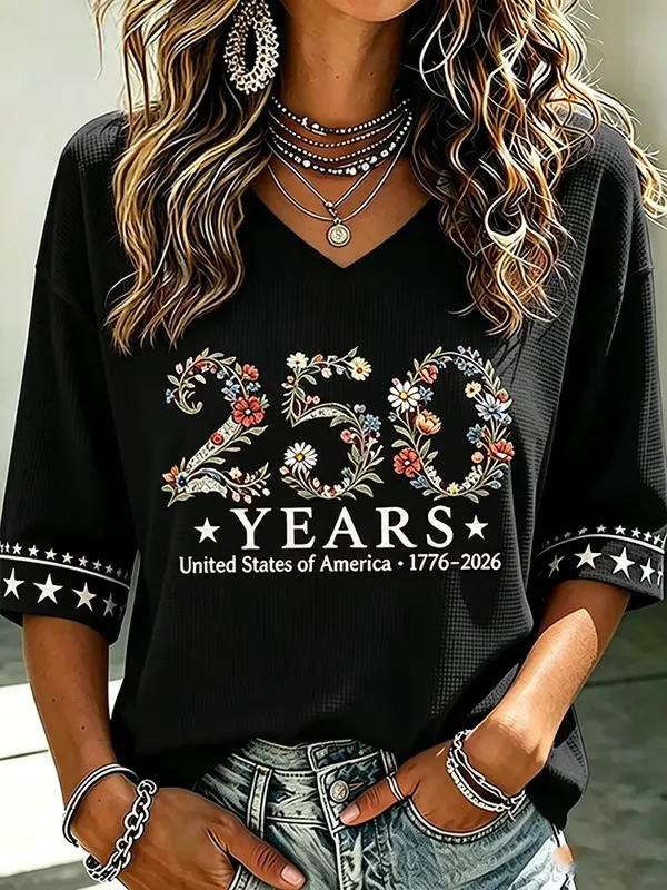 Ladies' American Flag Printed Casual Long Sleeve V-neck T-shirt