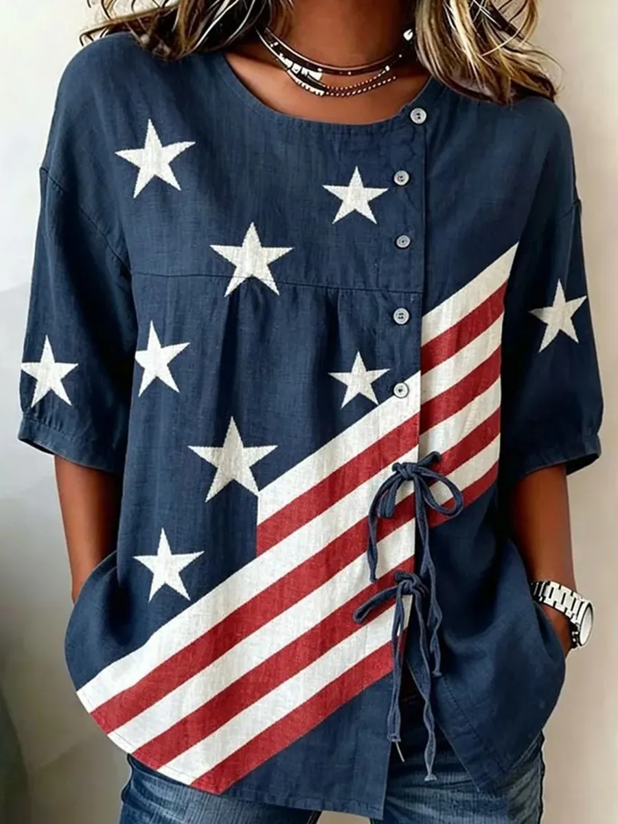 Women's Cotton Linen USA 250th Anniversary Print Shirt