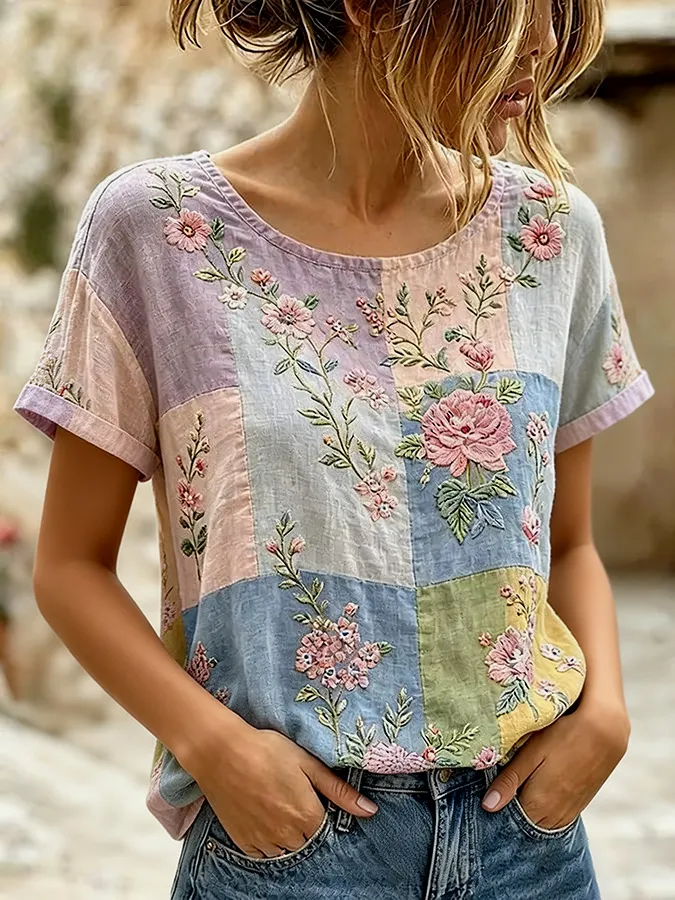 Women'S Casual Printed Cotton And Linen Round Neck Top