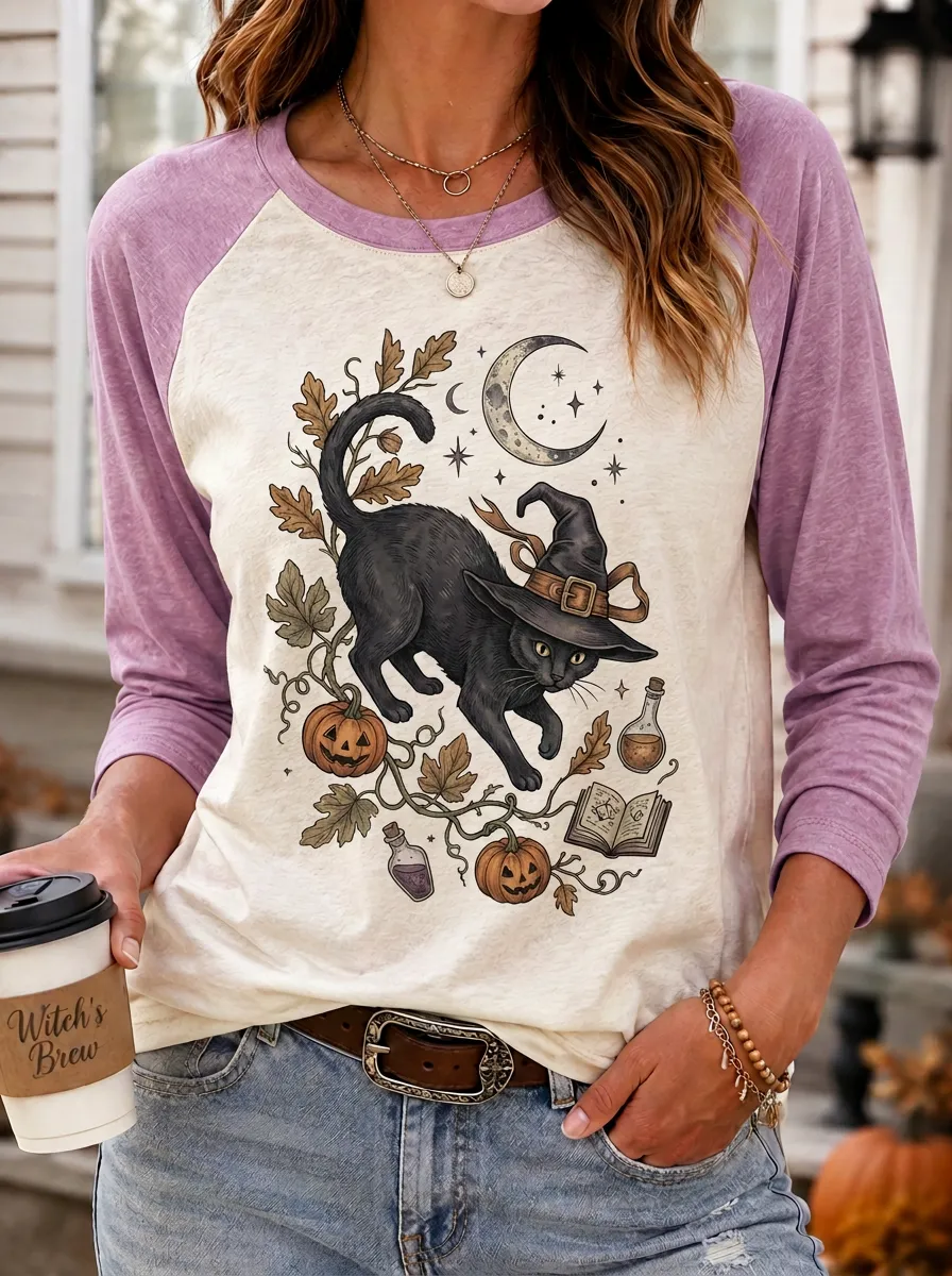 Women's Halloween Witch Cat Pumpkin Moon Printed Raglan T-shirt