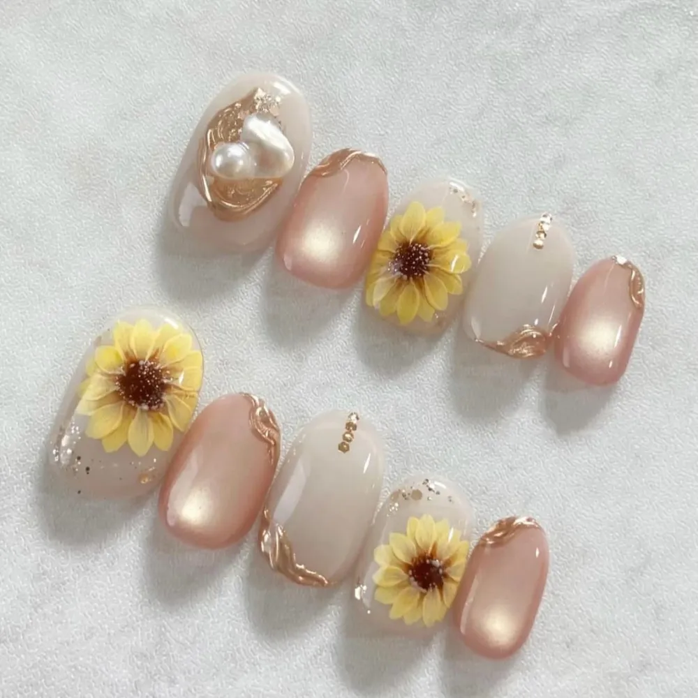 Nailhour 30Pcs Autumn Sunflower Cat Eye Medium Almond French Press On Nails