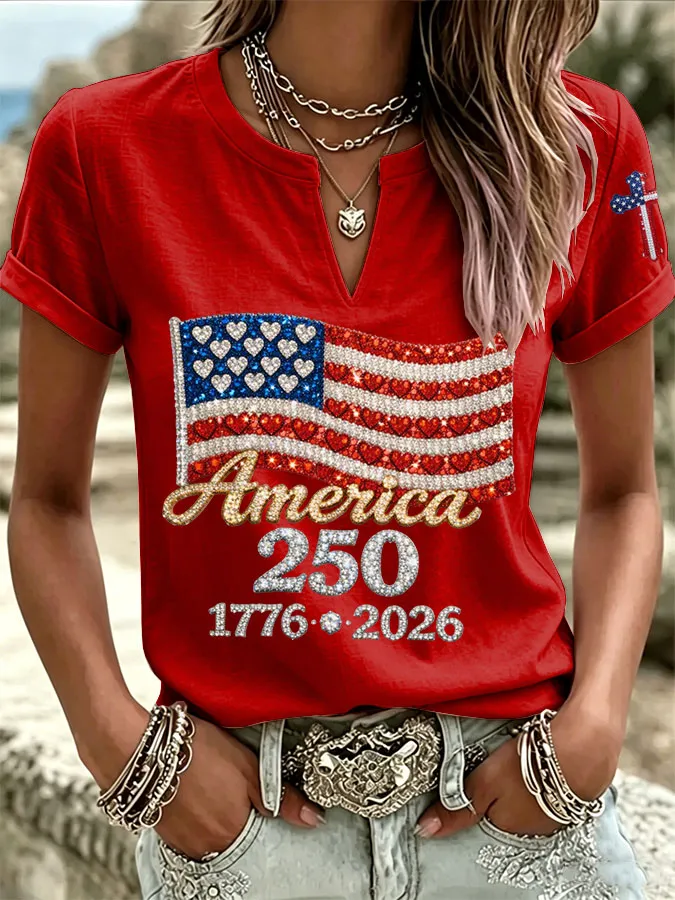 Women'S America Flag Printed Casual Cotton Linen Short Sleeved Shirt