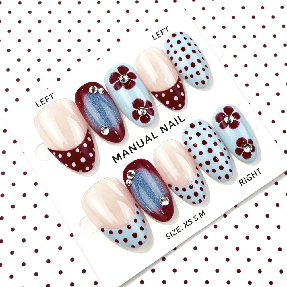 Nailhour 30Pcs Blue Polka Dot 3D Medium Almond French Press On Nails