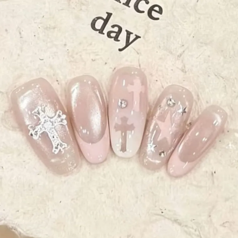 Nailhour 10Pcs Handmade Gothic Rhinestone Medium Oval Press On Nails