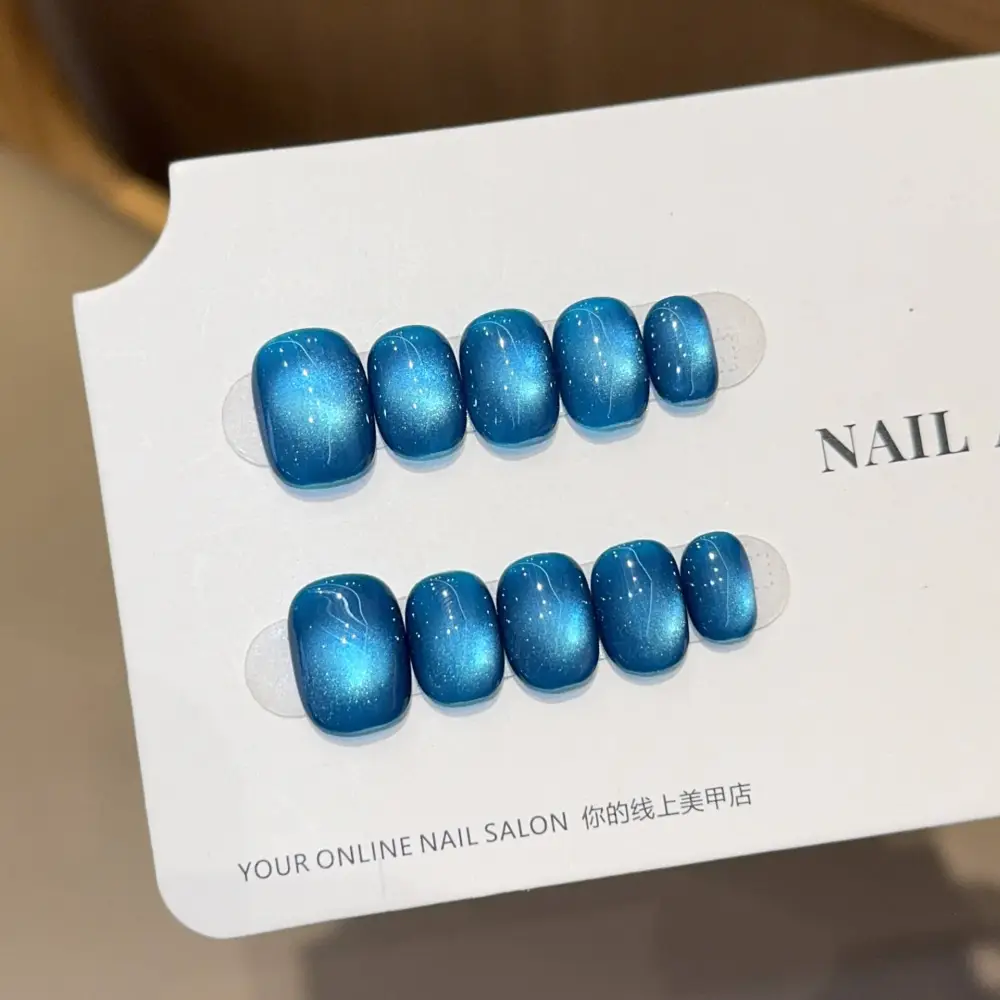 Nailhour 10Pcs Handmade Blue Cat Eye Short Squoval Press On Nails