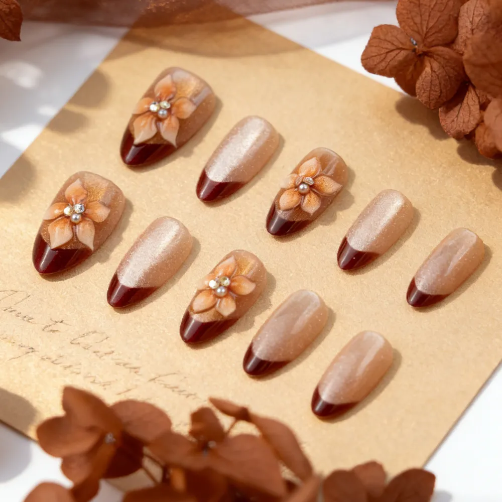 Nailhour 30Pcs Brown 3D French Medium Almond Press On Nails