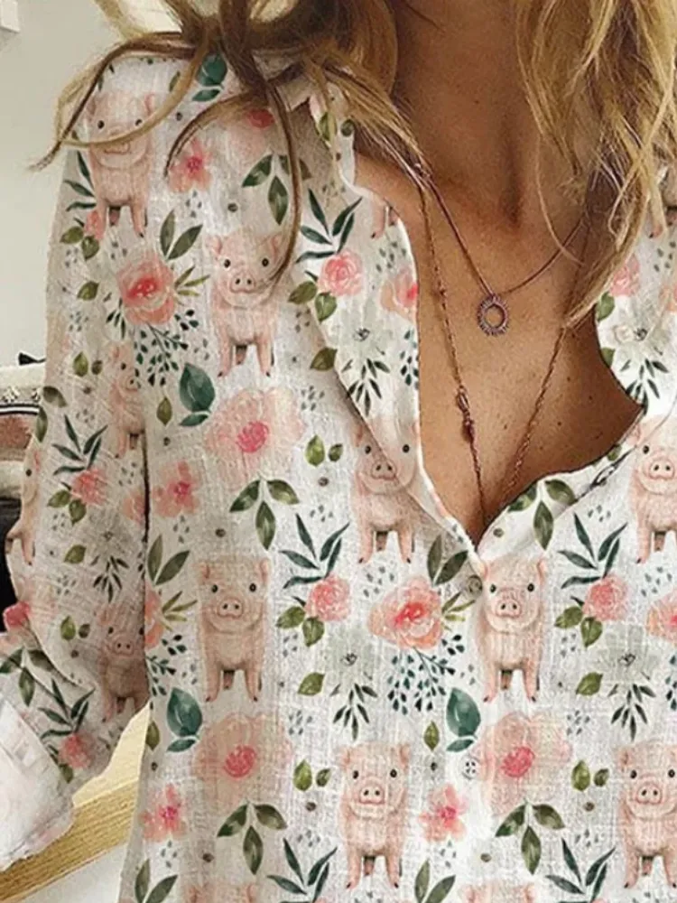 Cute Pig Floral Button Shirt